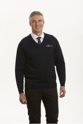 100% Wool Mens Long Sleeve V-Neck Pullover (Navy)